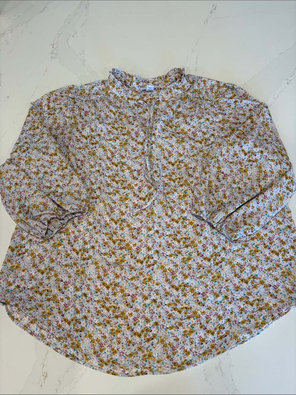 Carolina Belle Floral Ruffle Neck Blouse - White, Yellow SZ 1X